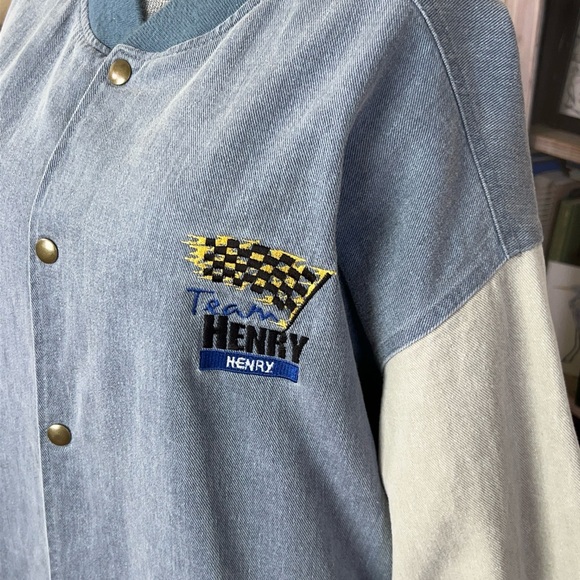 Vintage 90s Denim Bomber Racing Varsity Jacket Beige Sleeves Snap Buttons Retro - Picture 2 of 13